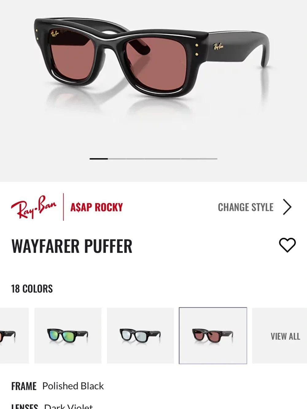 Ray-Ban Wayfarer Puffer Sunglasses - Black Frame with Dark Violet Lenses